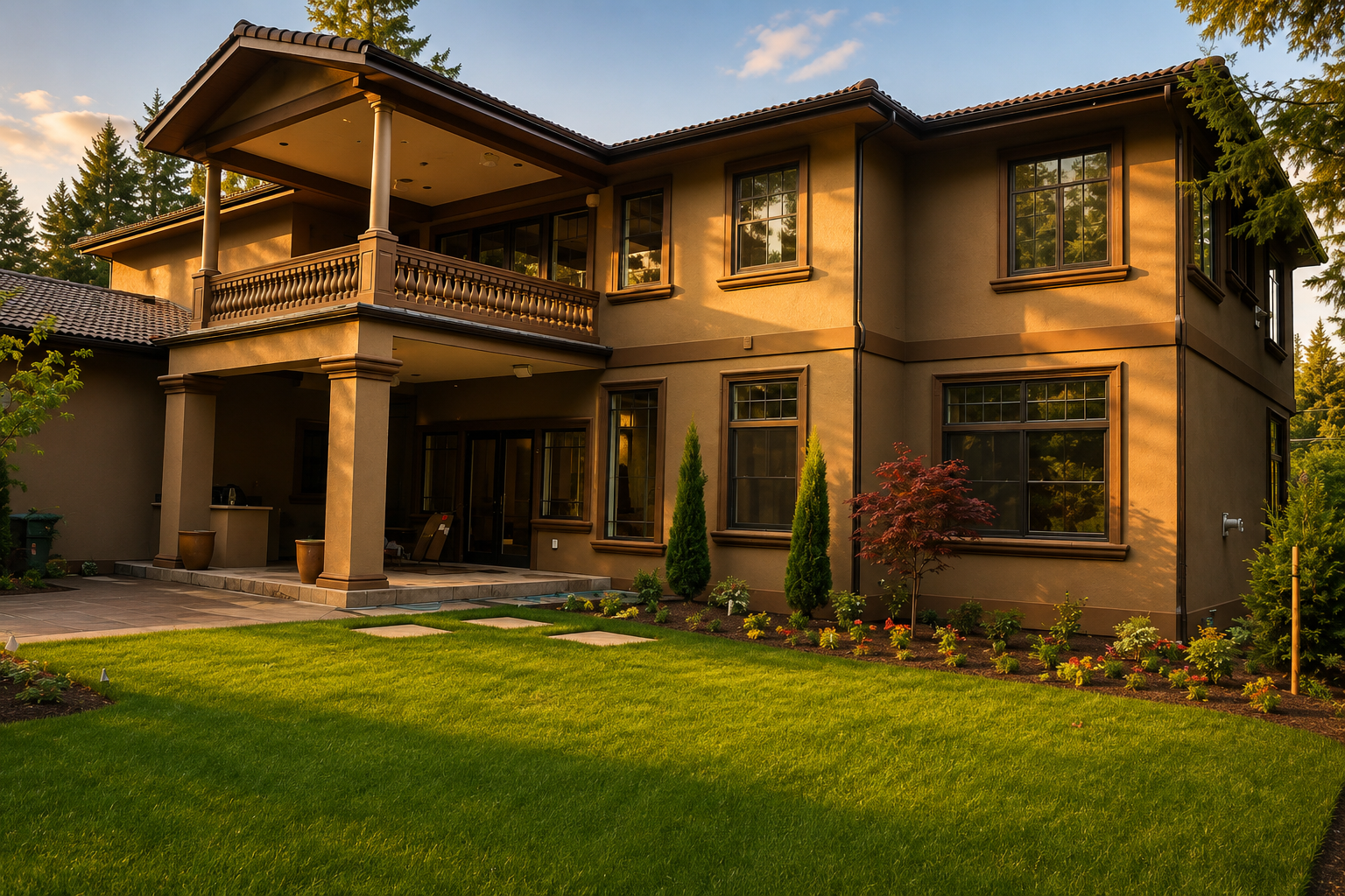 Mediterranean stucco home with warm evening light